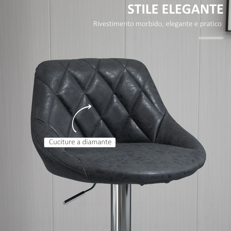 HOMCOM Set 2 Sgabelli da Bar con Altezza Regolabile, Base in Metallo e Seduta Finta Pelle, Sgabelli Alti Moderni Girevoli con Schienale e Poggiapiedi 46x48x83-104cm, Nero
