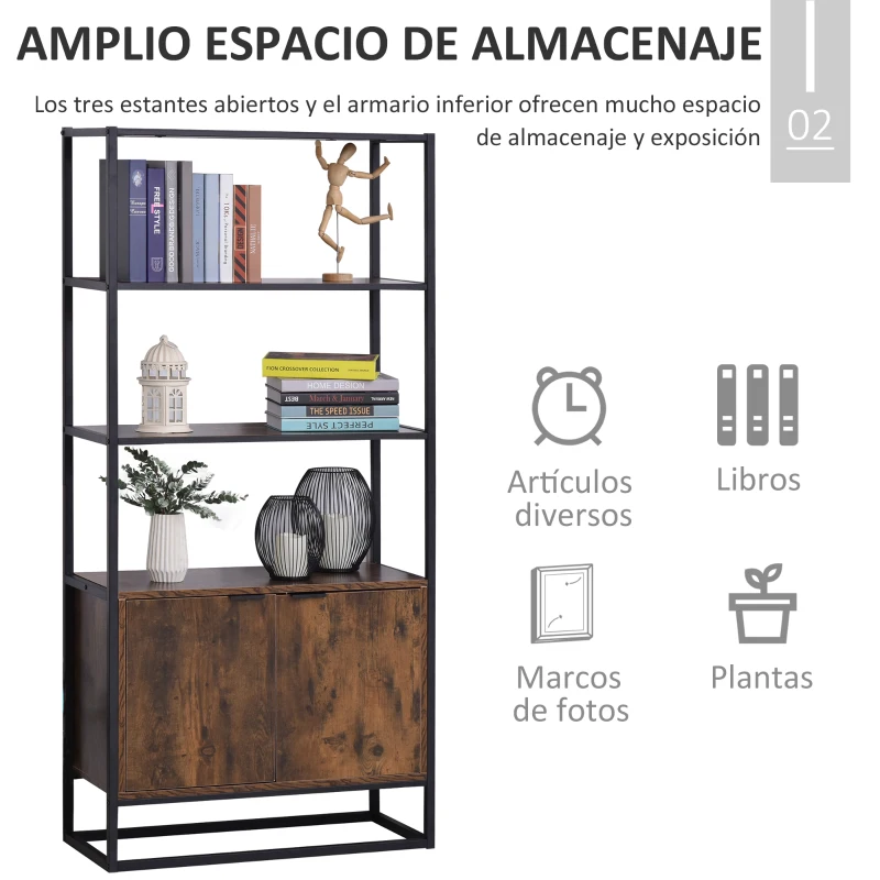 HOMCOM Mueble Estantería con 3 Estantes Abiertos y 1 Armario de Doble Puerta con Base Elevada Librería Multifuncional de Almacenaje 76x33x162,5 cm Marrón Rústico