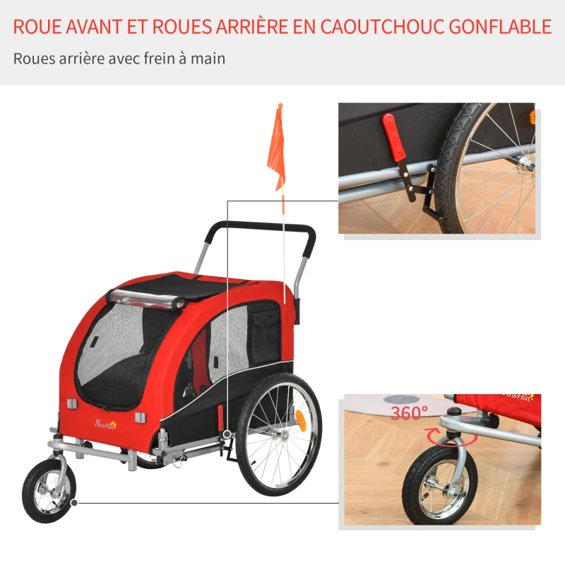 PawHut Remorque à vélo et poussette pour animaux de compagnie conception 2 en 1 pliable en tissu Oxford 4 réflecteurs drapeau inclus 162 x 74 x 85 cm rouge et noir