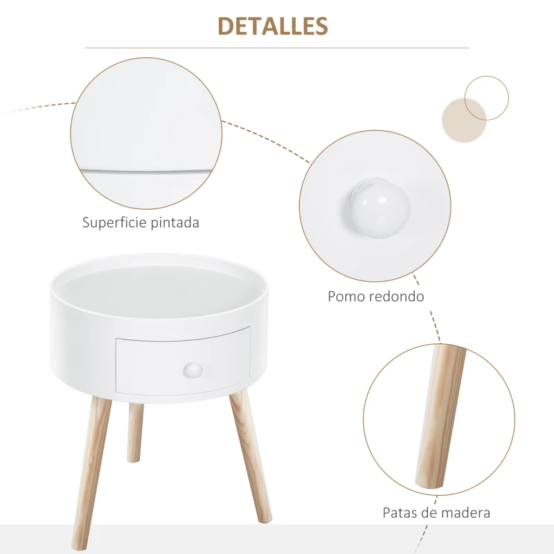 HOMCOM Mesita de Noche con 1 Cajón Mesa Auxiliar Redonda con Borde Elevado y 3 Patas de Madera para Dormitorio Sala de Estar Estilo de Moderno Ø38x45 cm Blanco