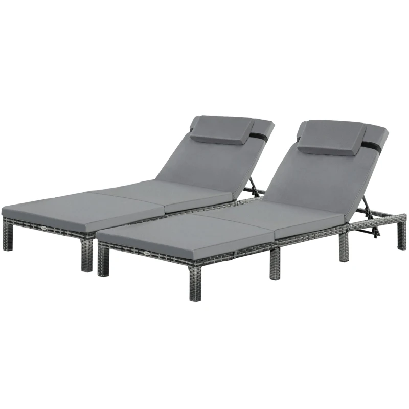 Outsunny 2 Pieces Outdoor PE Rattan Sun Loungers set of 2 with Cushion, Garden Wicker Sunbed Furniture with 5 - Level Recliner Backrest, Grey