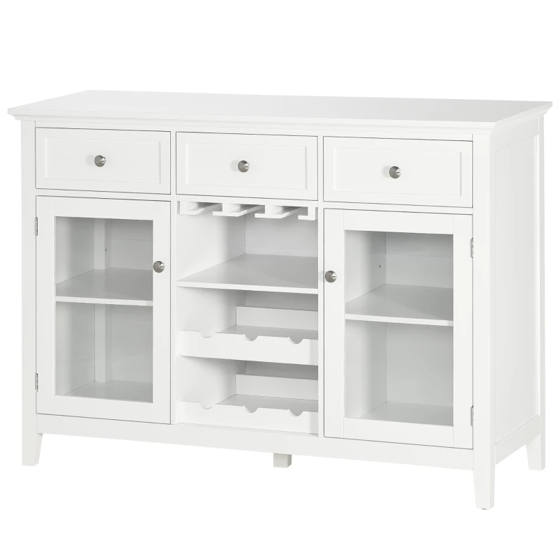 HOMCOM Aparador de Cocina con 3 Cajones Botellero y Soporte para Copas Mueble Auxiliar Estilo Moderno 120x40x87cm Blanco