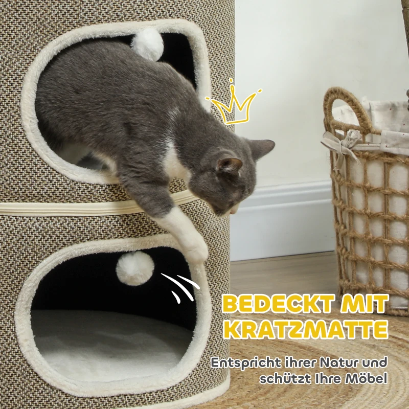 PawHut Katzenfass, 3 Ebenen, mit Kissen, Kratzmatte, Spielbällen, Katzenhaus für Innenbereich, Braun