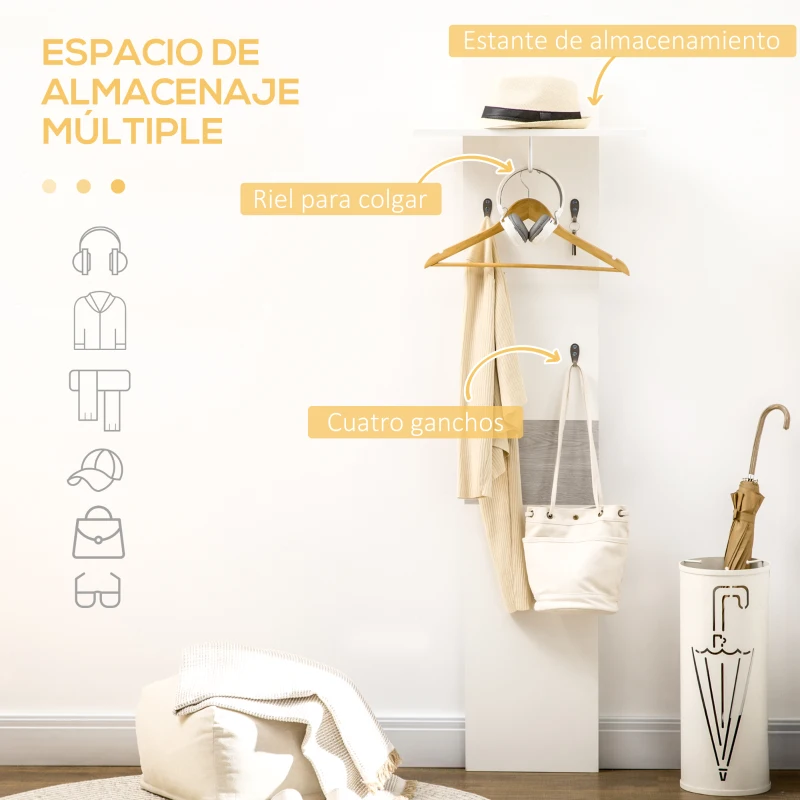 HOMCOM Perchero de Pared con 4 Ganchos y Estante con Barra de Aluminio para Entrada Pasillo 50x23,5x160 cm Blanco