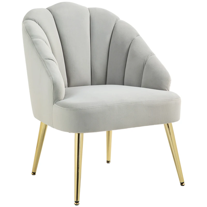HOMCOM Poltrona in Velluto da Camera e Salotto a Conchiglia Stile Art Deco, Acciaio, 63x65x84 cm, Grigio