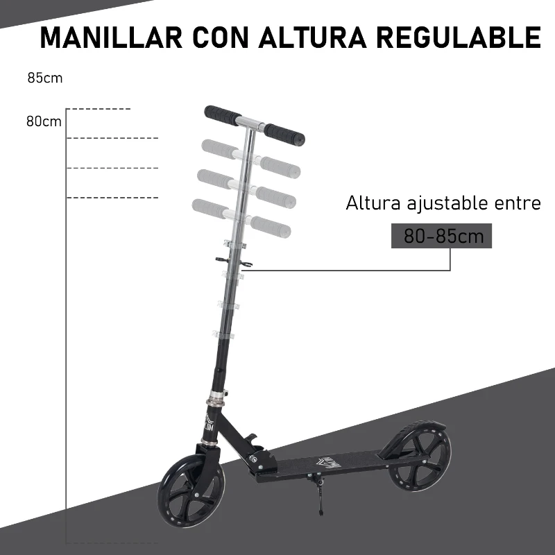HOMCOM Patinete Plegable para Niños de 7-14 Años Scooter Infantil Manillar Ajustable en Altura de 4 Niveles con Freno 88x37x75-100 cm Negro