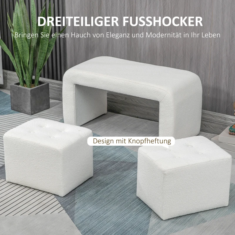 HOMCOM Fußhocker-Set Fußhocker 3-teilig, Knopfheftung, 89 cm x 42,5 cm x 45 cm, Creme