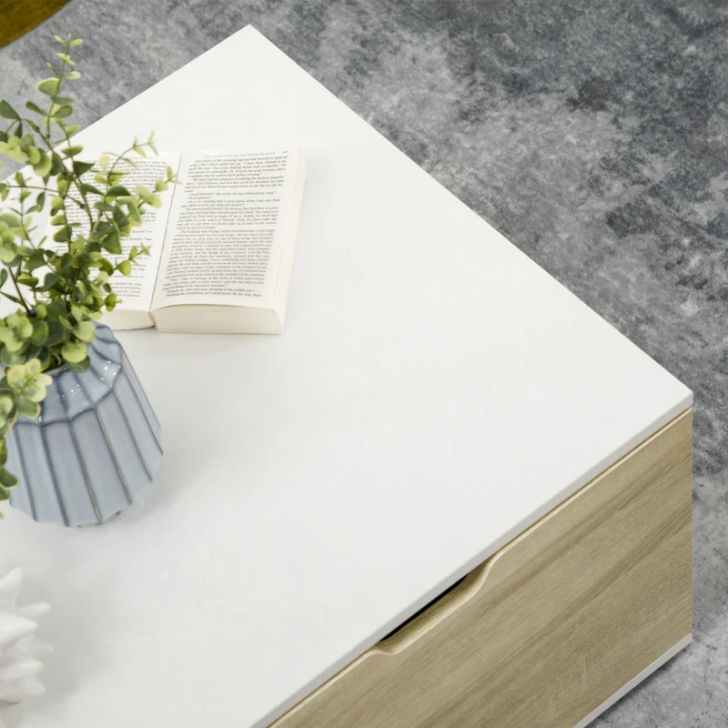 HOMCOM Mesa de Centro Moderna con Estante de Cristal y 2 Cajones Mesa Auxiliar Multifuncional 106x58x39 cm Blanco