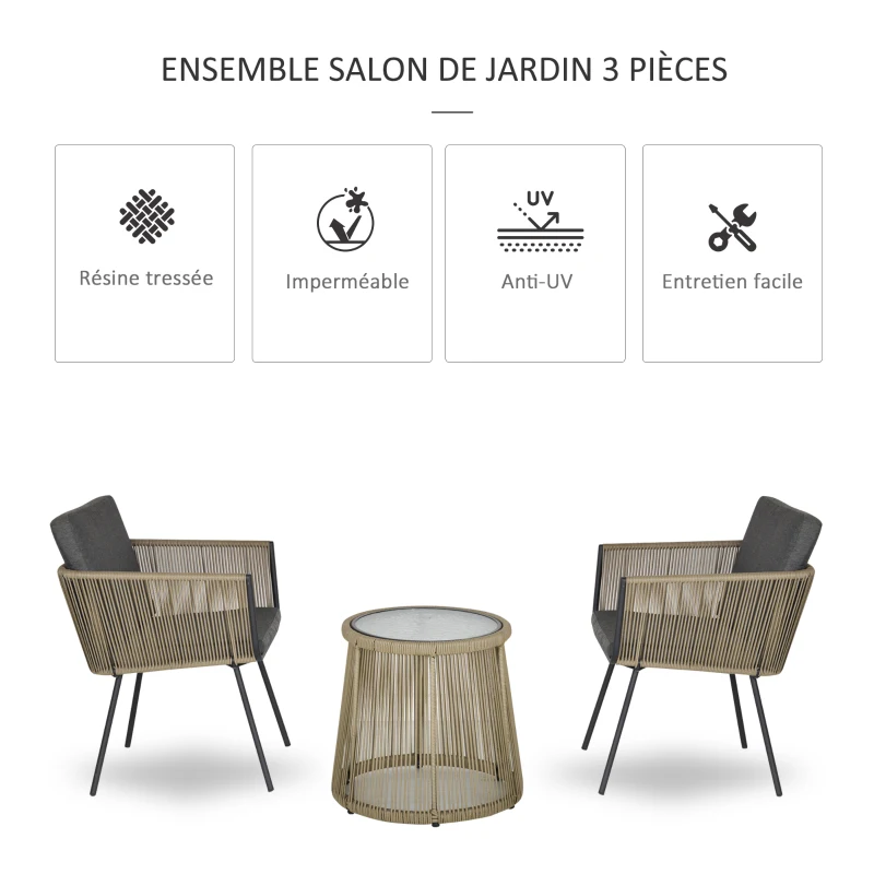 Outsunny Ensemble salon de jardin 3 pièces style colonial 2 fauteuils avec coussins gris + table basse résine filaire beige acier époxy noir