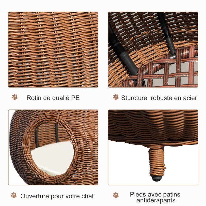 PawHut Panier chat cosy grand confort table basse 2 en 1 coussin amovible déhoussable résine tressée marron