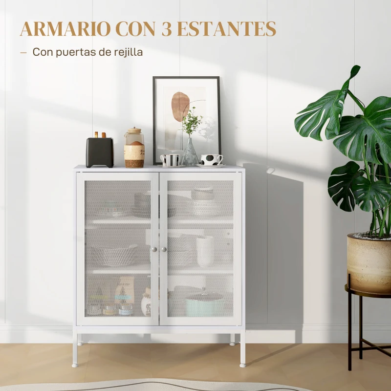 HOMCOM Aparador con 3 Estantes Mueble Auxiliar con Puertas de Rejilla Metálica y Estante Ajustable 80x37x92 cm Blanco