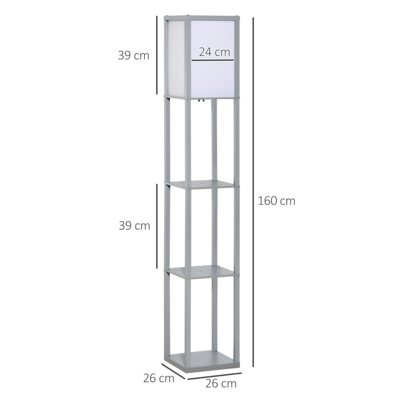 HOMCOM 3-Tier Floor Lamp, Floor Light with Storage Shelf, Reading Standing Lamp with Acrylic Shade for Living Room, Bedroom, Kitchen, Dining Room, Office, Dorm, 160cm, Grey