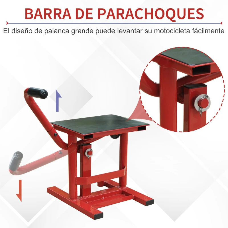 HOMCOM Caballete tipo Soporte Elevador de Motocross de Acero Plataforma tipo Peana Universal para Reparación y Estacionamiento Accesorio de Motos Altura Ajustable 28x34x30-40cm Carga 150kg Color Rojo