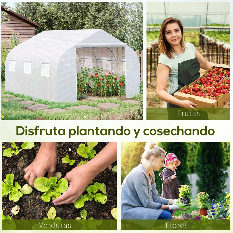 Outsunny Invernadero de Túnel 445x300x205 cm Invernadero de Jardín con 6 Ventanas y Cubierta de Polietileno PE 140 g/m² Blanco
