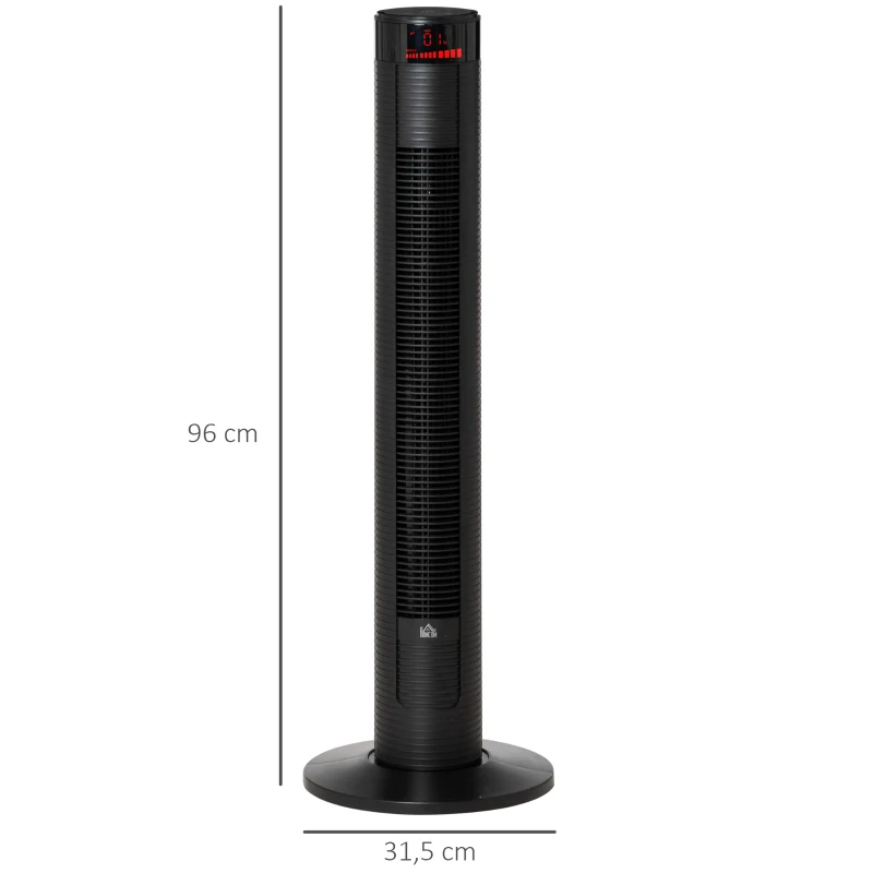 HOMCOM Ventilador de Torre Silencioso Bajo Consumo 96 cm 45W con Mando a Distancia 3 Velocidades 4 Modos Oscilación de 70° Pantalla LED Táctil Temporizador 12h y Asa de Transporte Negro