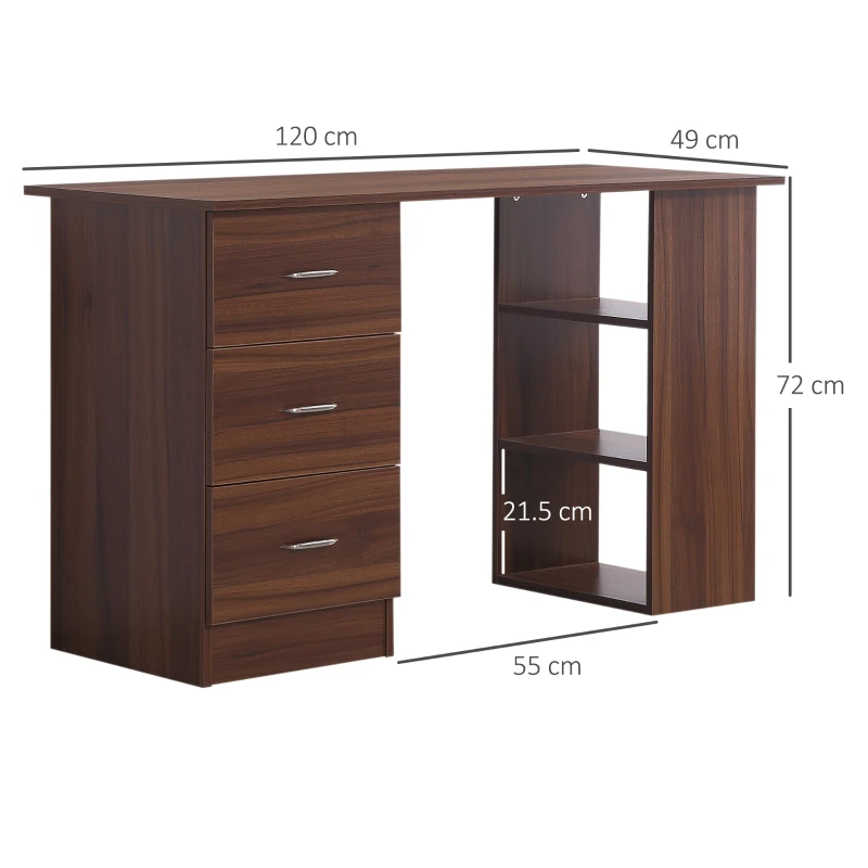 HOMCOM Computer Desk, Writing Table, PC Workstation with 3 Storage Shelves and Drawers, Silver Handle, for Home Office, Walnut