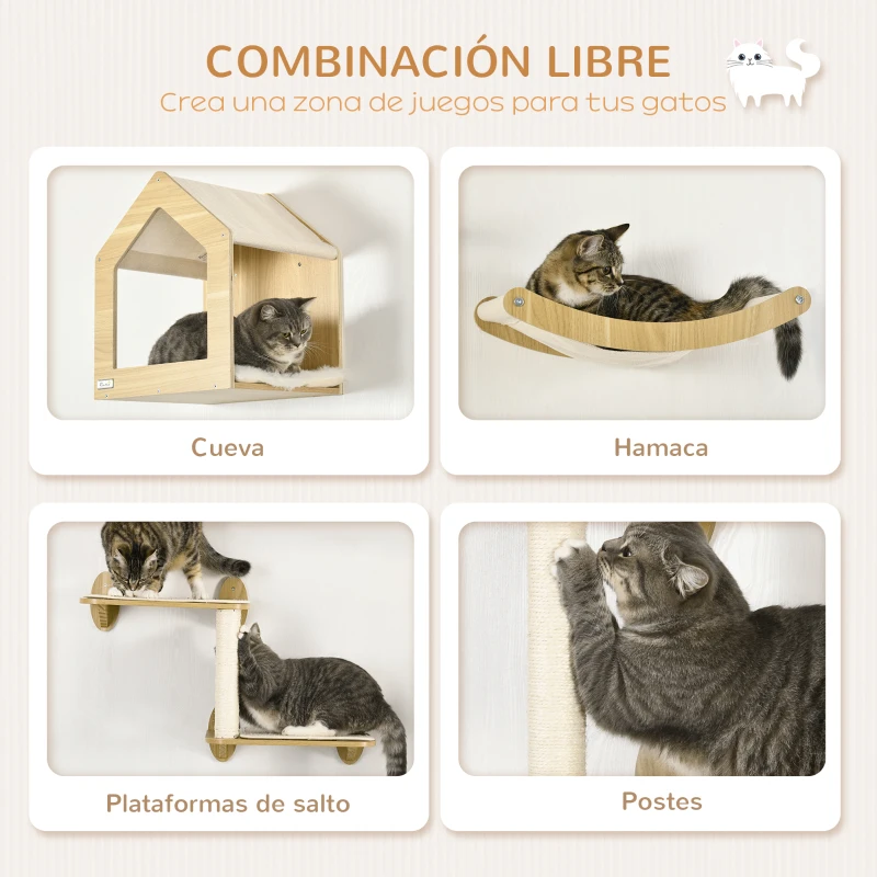 PawHut Juego de Escalada para Gatos de 3 Piezas Set de Pared con Estantes Cama  Hamaca y Poste de Sisal Color Roble