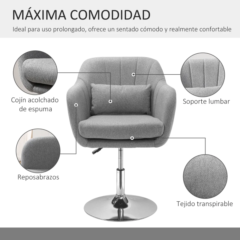 HOMCOM Sillón para Salón Giratorio 360° con Altura Ajustable Respaldo Envolvente Reposabrazos y Cojín 60x60x79-91 cm Gris