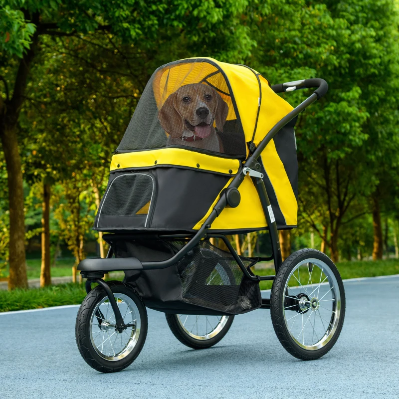 PawHut Foldable Pet Stroller Jogger, with Three Wheels, Canopy, for Medium and Small Dogs, Yellow