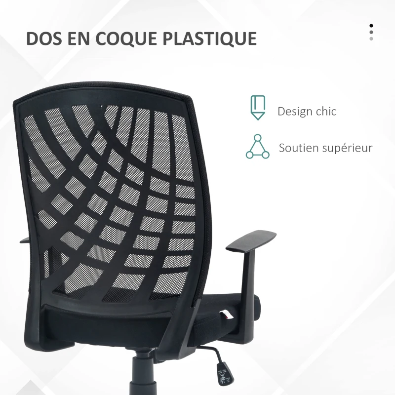 HOMCOM Fauteuil de bureau avec accoudoirs hauteur réglable pivotante 360 ° roulettes revêtement maille, noir