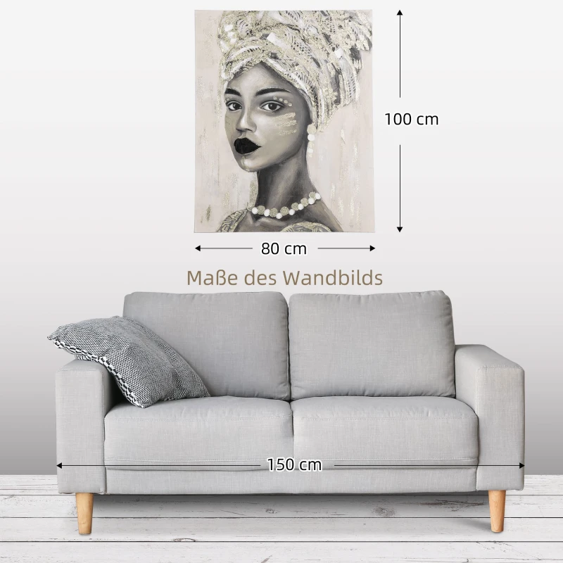 HOMCOM Gemälde 'Junge afrikanische Frau' mit Kieferholzrahmen 100 x 80 x 2,8 cm