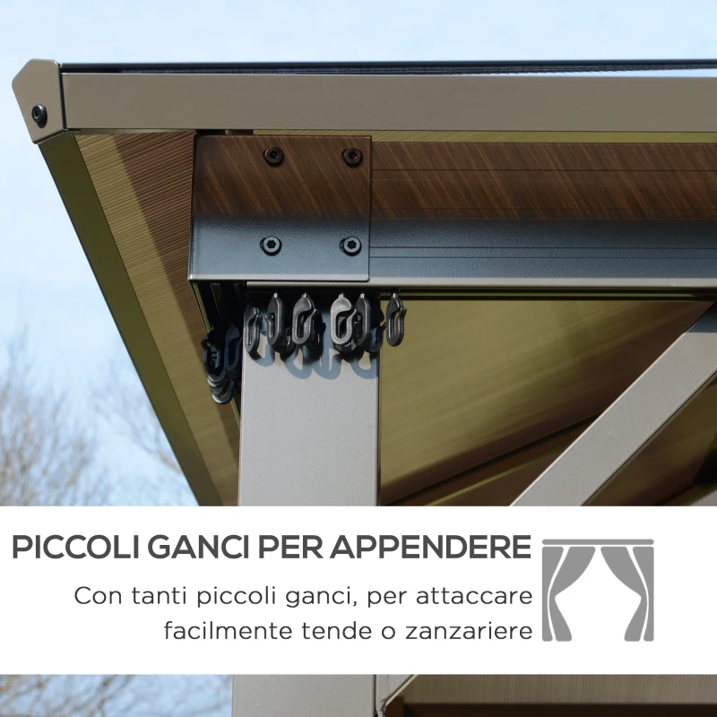 Outsunny Gazebo da Giardino con Tetto in Policarbonato e Struttura in Alluminio, 3x3m, Caffè