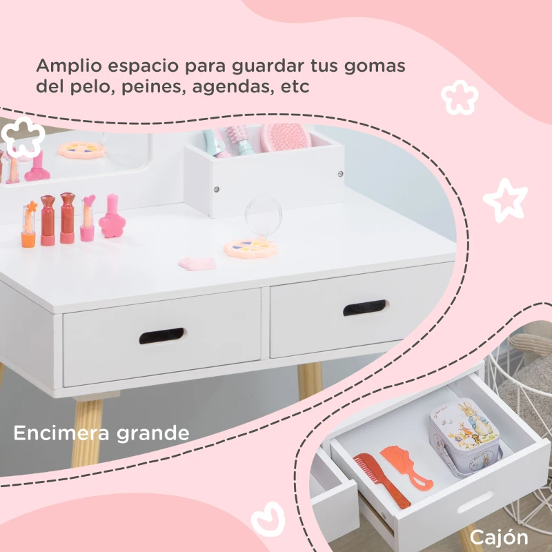 ZONEKIZ Tocador de Madera Infantil con Taburete y Espejo Centro de Belleza con 2 Cajones para 3-6 Años 60x40x95cm Blanco