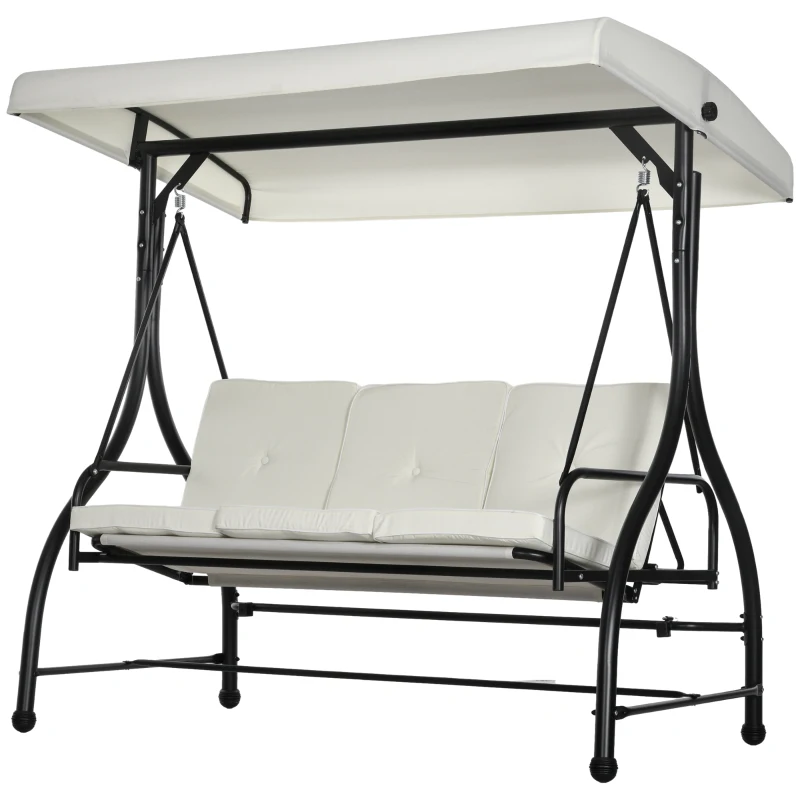 Outsunny 3 Seater Canopy Swing Chair, 2 in 1 Garden Swing Seat Bed, with Adjustable Canopy and Metal Frame, Cream White