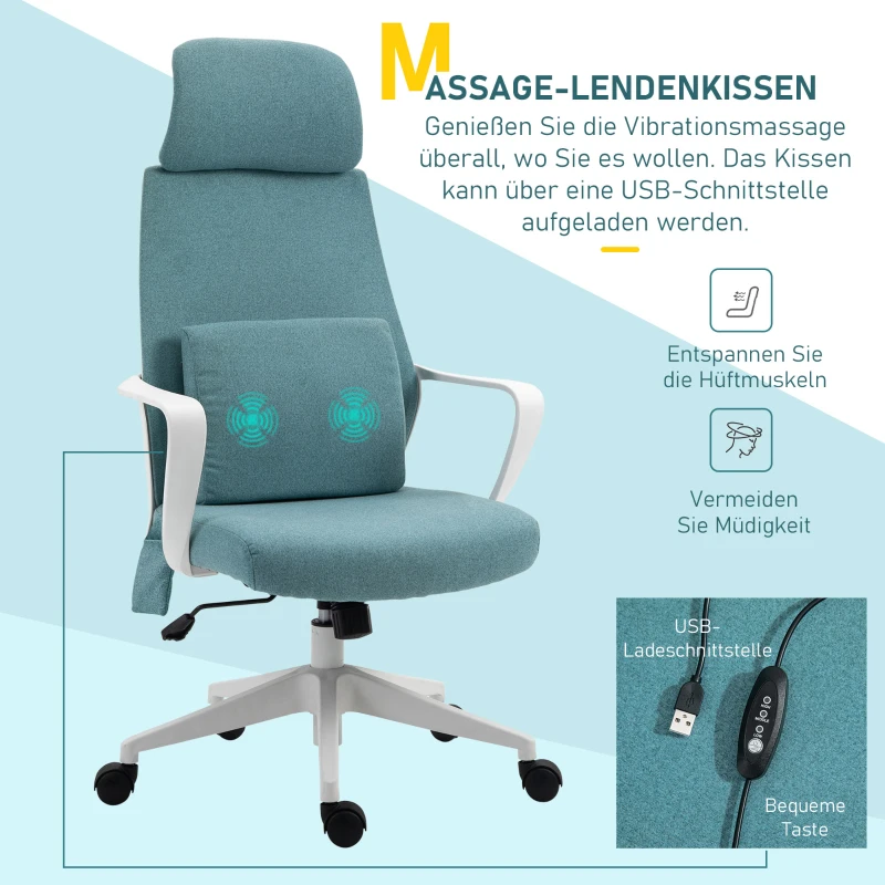 Vinsetto Bürostuhl höhenverstellbarer Drehstuhl Massagesessel ergonomischer Chefsessel mit Massagefunktion Gamingstuhl Nylon Blau 62 x 60 x 114-122 cm