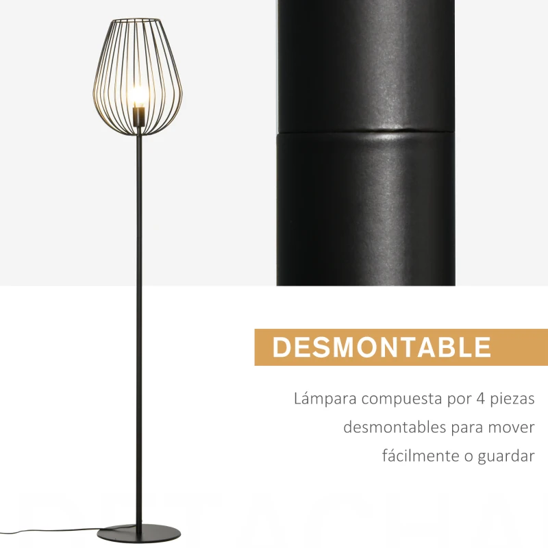 HOMCOM Lámpara de Pie con Base de Metal Lámpara de Pie para Salón con Interruptor de Pie Lámpara Moderna para Dormitorio Oficina Ø27,5x159 cm Negro