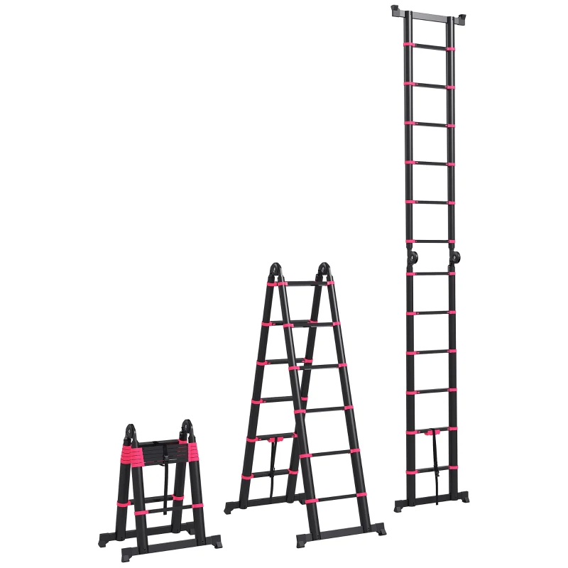HOMCOM Escalera de Aluminio Plegable 2 Formas de Uso con 12 Escalones Antideslizantes Carga 150 kg 379x67,5x11 cm Negro y Rojo