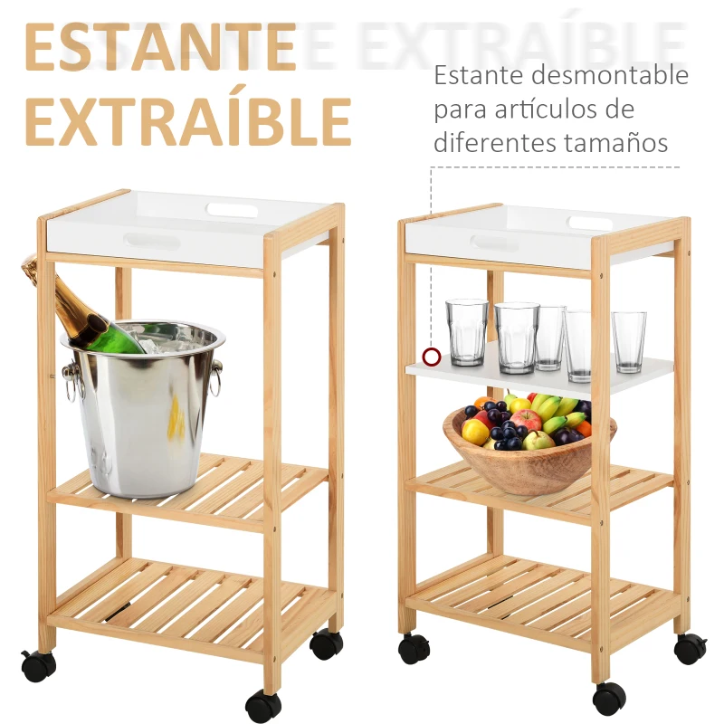 HOMCOM Carrito de Cocina de 4 Niveles Carrito Verdulero Carro Multiusos con 2 Bandejas Extraíblse y Estante 40x30x76 cm Blanco
