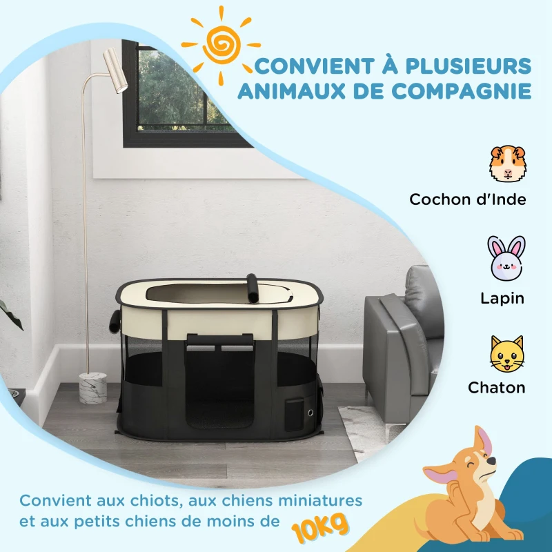 PawHut Parc enclos pliable pour chien chat petits animaux en tissu Oxford avec rangement 94 x 74 x 60 cm blanc crème et noir