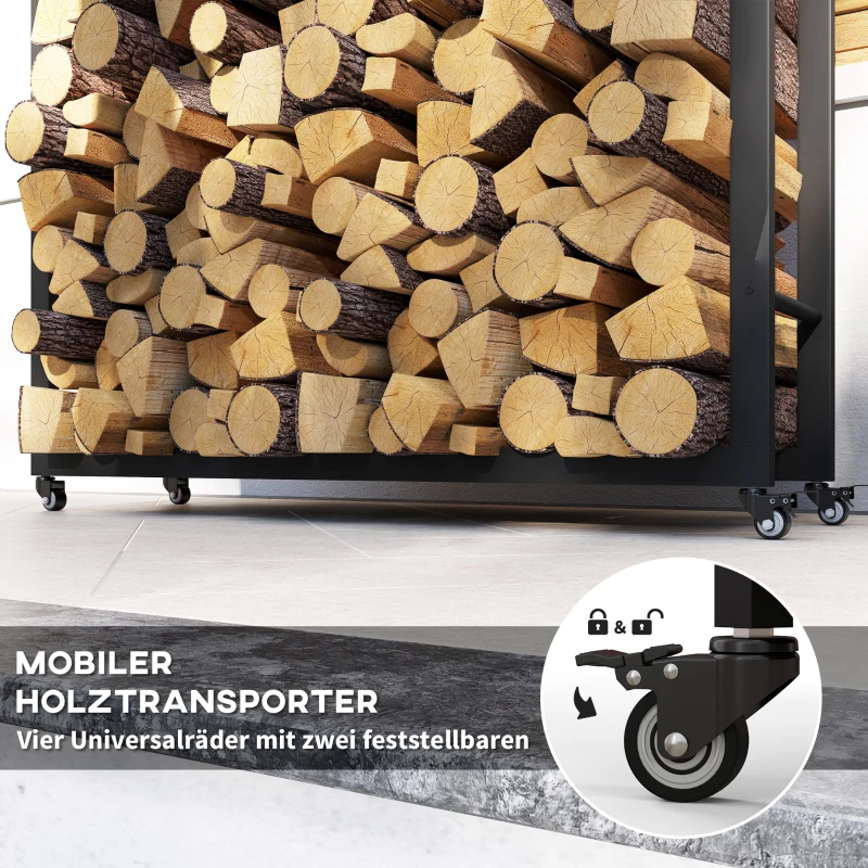 Outsunny Feuerholzgestell mit Rädern, mobil, Metallrahmen, bis 150 kg, 120 x 32 x 151 cm, schwarz