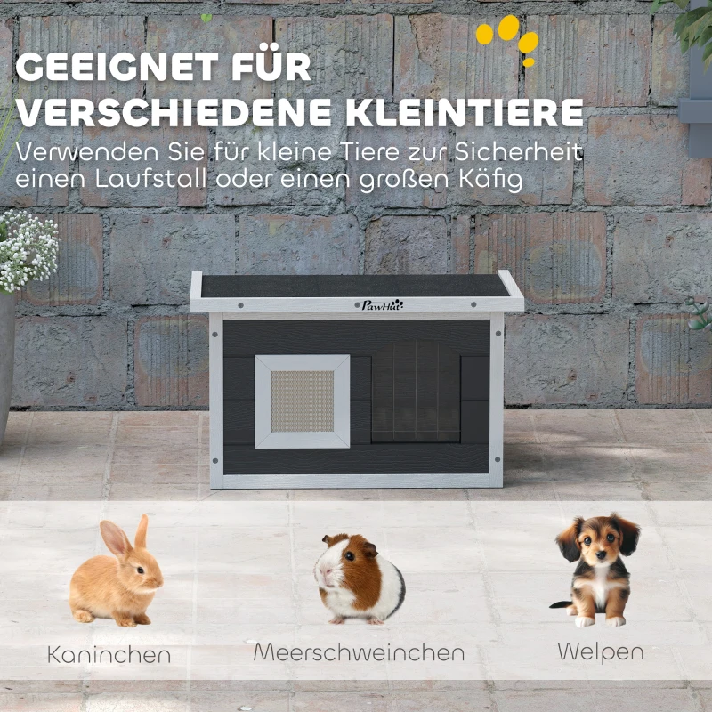 PawHut Katzenhaus, Rückzugsort für Katzen und Kaninchen, Holzhaus mit Kratzmatte, Türklappe, 61 x 45 x 36,5 cm, Grau(m-9)