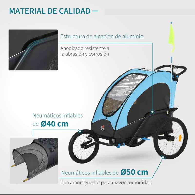 HOMCOM Remolque Infantil 3 en 1 para Bicicleta Carrito para Correr de 2 Plazas para Niños de +6 Meses Plegable Ruedas Giratorias y Manillar Ajustable 150x85x107 cm Azul
