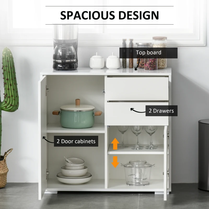 HOMCOM High Gloss Frame Sideboard, Push-Open Design with 2 Drawer for Living Room, Bedroom, 74H x 79W x 36Dcm, White