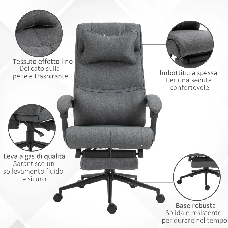Vinsetto Sedia da Ufficio Ergonomica ad Altezza Regolabile con Braccioli e Poggiapiedi, 66x70x115-123 cm, Grigia