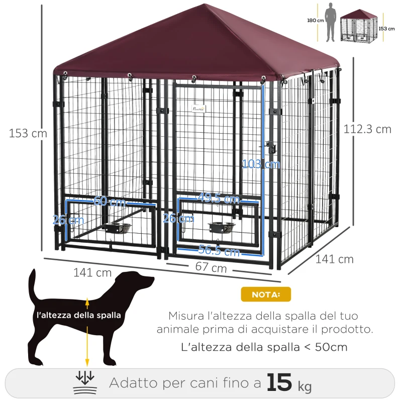 PawHut Recinto per Cani da Esterno con Serratura, 2 Ciotole Girevoli e Copertura Rimovibile, Nero e Rosso(m-3)