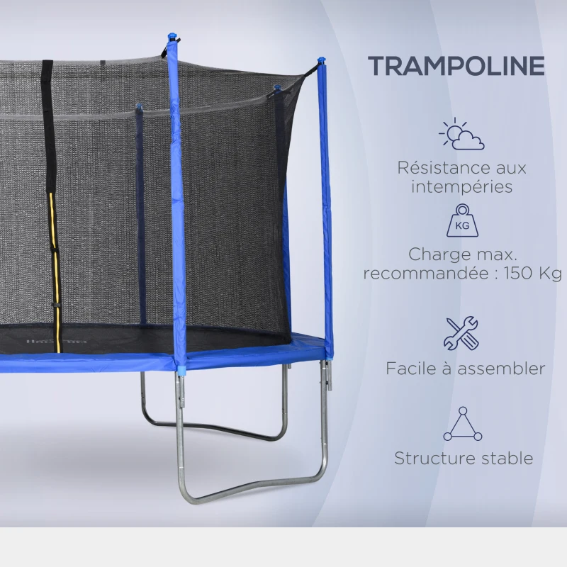 HOMCOM Trampoline rond Ø 366 cm avec filet de protection, capacité 150 kg pour adultes et enfants - bleu et noir