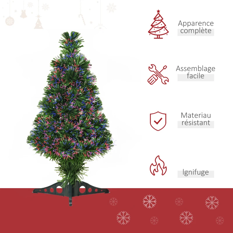 HOMCOM Sapin de Noël Artificiel Lumineux 60H cm Fibre Optique Multicolore + Support Pied 55 Branches Vert
