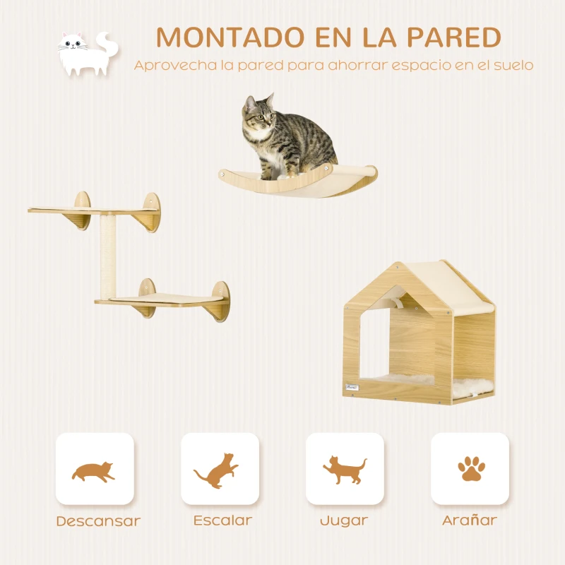 PawHut Juego de Escalada para Gatos de 3 Piezas Set de Pared con Estantes Cama  Hamaca y Poste de Sisal Color Roble