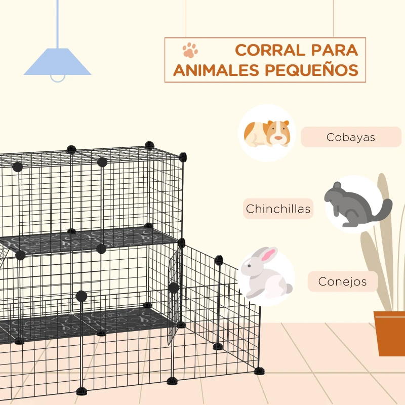 PawHut Jaula Modular para Animales Pequeños con 24 Paneles 2 Puertas para Cobayas Conejos Chinchillas 105x105x70cm Negro
