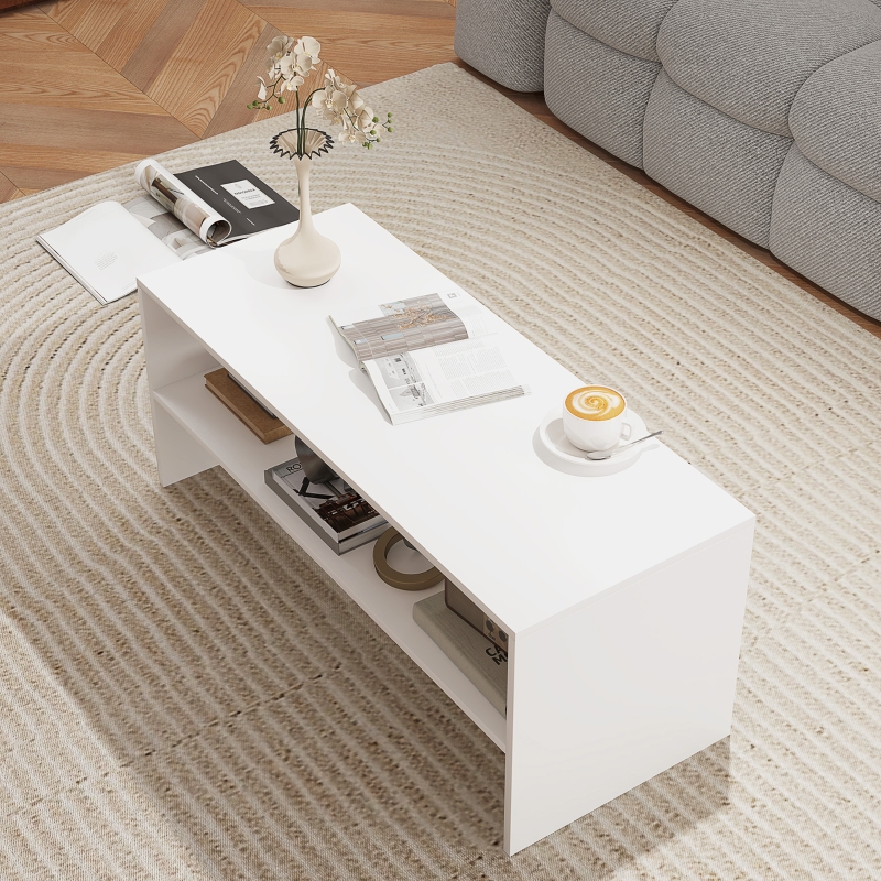 HOMCOM Tavolino da Caffè Moderno in Legno a 2 Livelli con Ripiano Aperto, 100x40x41.5 cm, Bianco