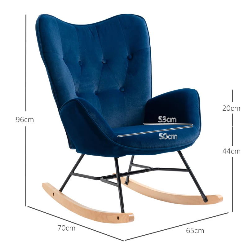 HOMCOM Fauteuil à Bascule, Rocking Chair, fauteuil allaitement confortable avec Structure en bois massif et métal pour Salon, Chambre, Balcon, Velours Bleu