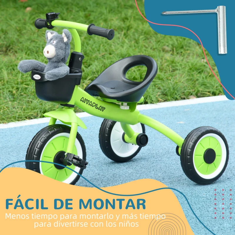 AIYAPLAY Triciclo para Niños de 2 a 5 Años con Asiento Ajustable Cesta Timbre Pedales y 3 Ruedas Carga 25 kg 70,5x53x58 cm Verde