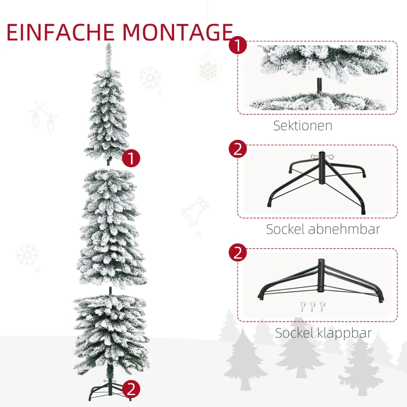 HOMCOM Künstlicher Weihnachtsbaum, schneebedeckt, schmales Design, feuerfest, 210 cm, Grün/Weiß