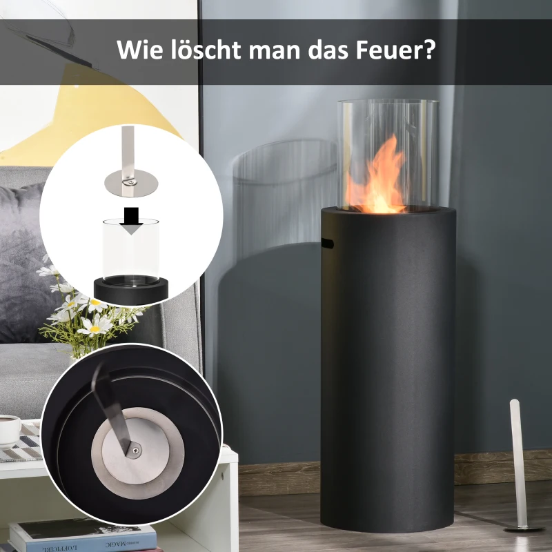 HOMCOM Ethanol-Kamin Bio-Ethanol-Brenner 0,4L 1 Std. Brenndauer 1000W kein Rauch Stahl gehärtetes Glas Schwarz 30 x 30 x 94 cm