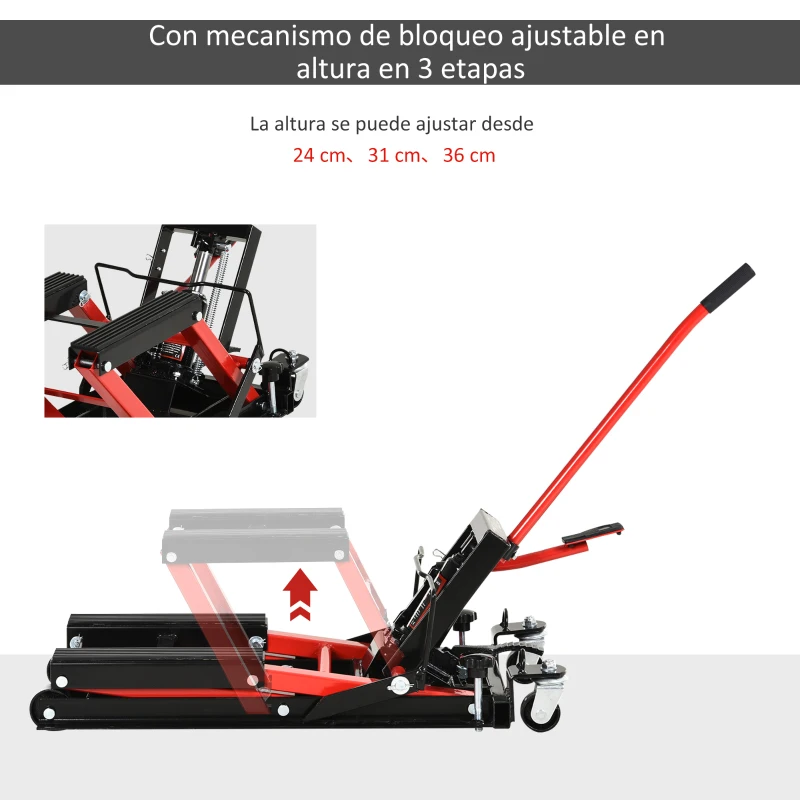 DURHAND Gato Hidráulico de Motocicletas Soporte 680 kg Elevador ATV para Garaje Pista Altura Ajustable 24-36 cm con Plataforma Almohadilla Antideslizante de Alta Resistencia 110x36x67 cm Negro y Rojo