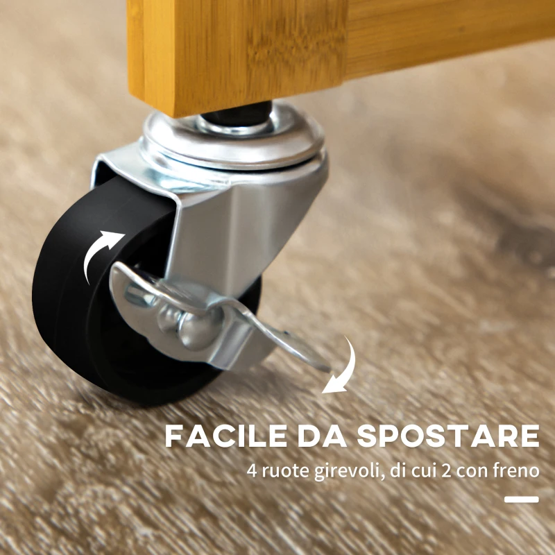 HOMCOM Carrello da Cucina con Tavolino Pieghevole e 2 Sgabelli, Ruote e Cassetti in Legno di Bambù